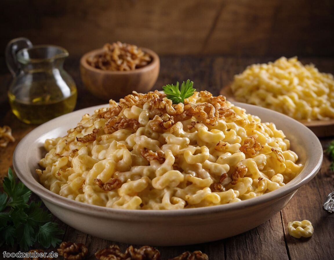 Spätzle mit Schaumlöffel herausnehmen und abtropfen lassen - Rezept für Käsespätzle