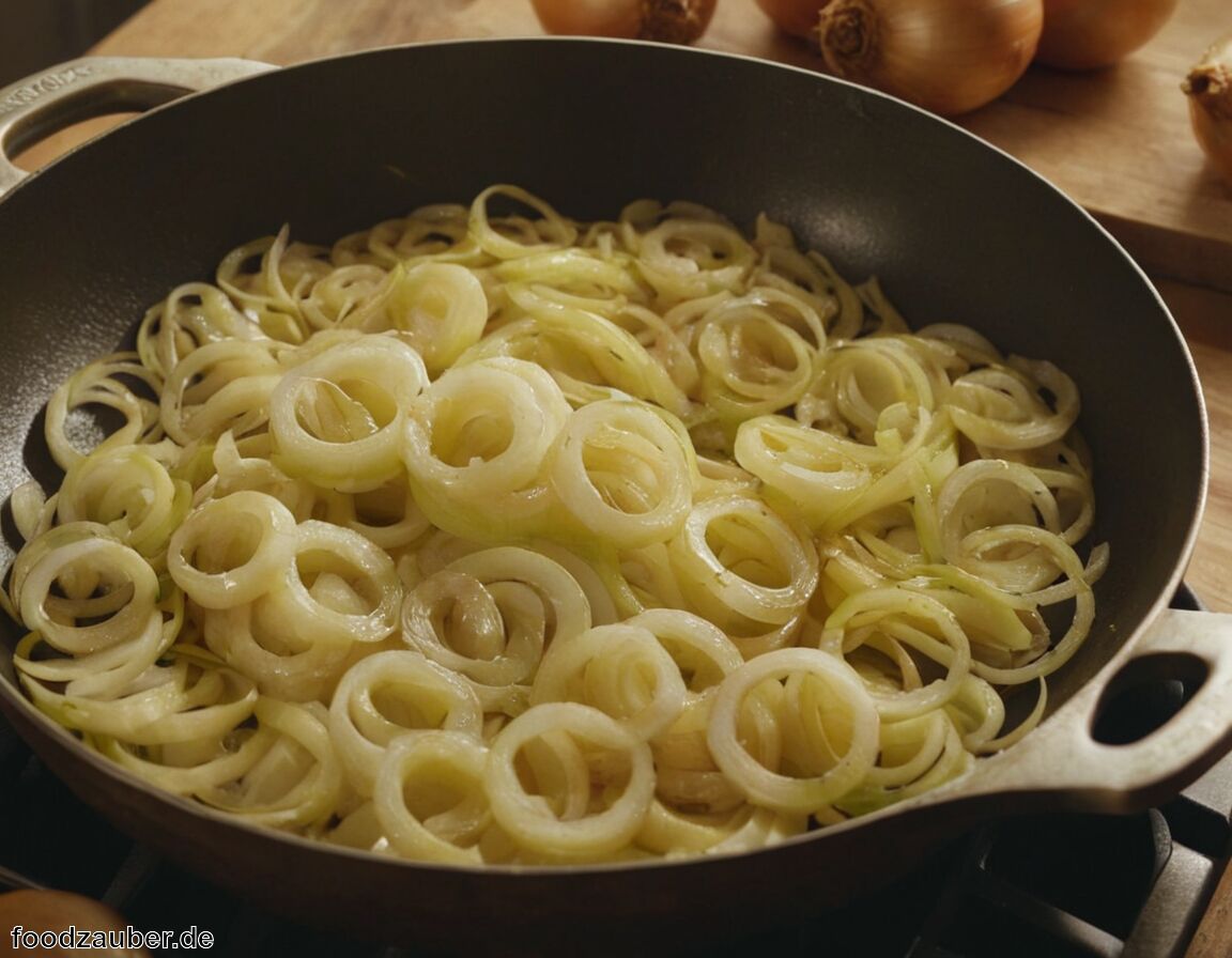 Zwiebeln schälen, in Ringe schneiden und anbraten - Rezept für Käsespätzle